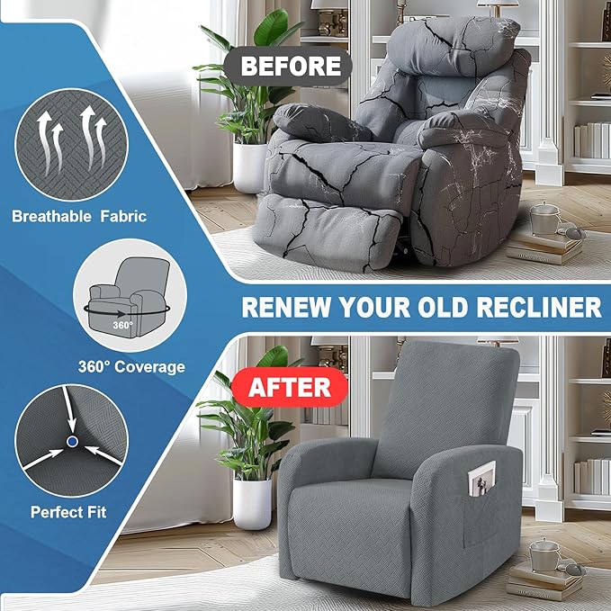 JIVINER 3 Piece Small Recliner Covers for Large Recliner with Pockets Stretch Jacquard Lazy Boy Reclining Couch Cover Soft Furniture Couch Protector with Elastic Bottom (1 Seater Small, Light Grey)