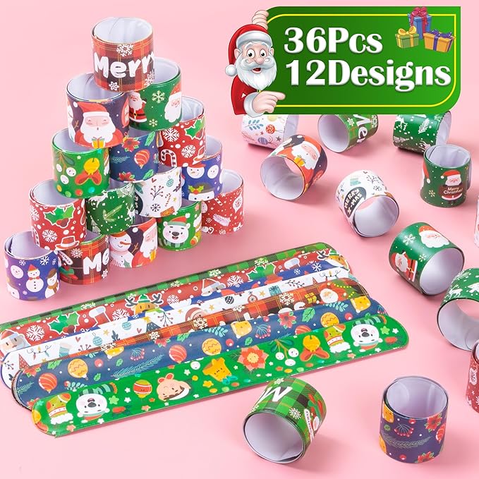 36 Pieces Christmas Slap Bracelets for Kids, 12 Styles Colorful Christmas Slap Wristbands Bulk for Kids Christmas Party Favors Toys Prizes Goodie Bags Fillers