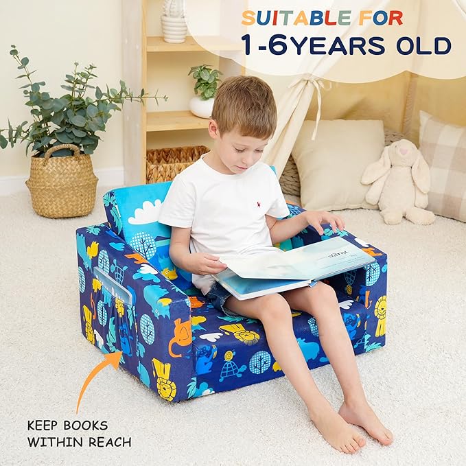 MallBest Kids Sofas Children's Sofa Bed Baby's Upholstered Couch Sleepover Chair Flipout Open Recliner（Blue）