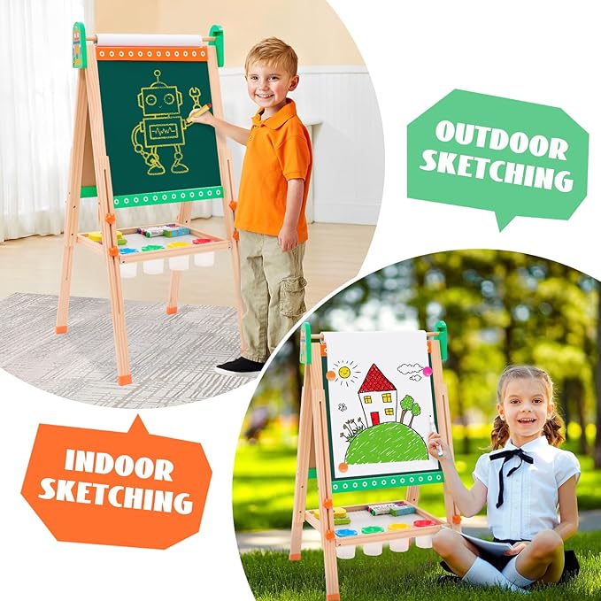 Kids Wooden Easel Foldable Double Sided Whiteboard Blackboard Children Art Easel with Storage, Height Adjustable Easel for Boys Girls Painting and Writing with Gift Packs (Green robot)
