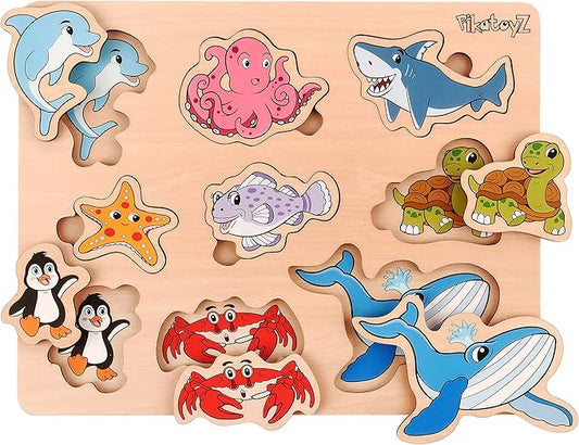 Wood Puzzles for Toddlers 1-3. Wooden Toys for 1 2 3 Year Old of sea Animal Puzzles for Kids. Ideal Montessori Puzzle Gift. Baby Puzzles for Travel. Improved Peg Puzzles for 1 2 3 Year Old.