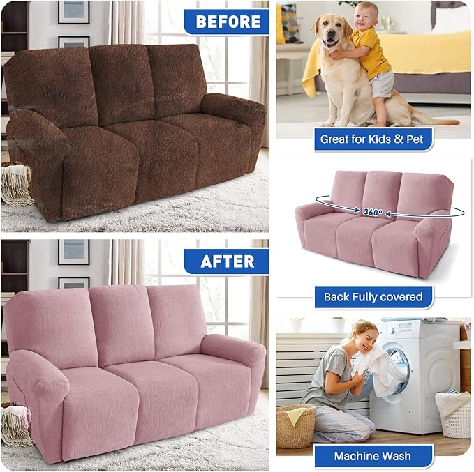 MAXIJIN Waterproof Recliner Couch Cover 5 Pieces Recliner Sofa Covers 3 Seater, Reclining Couch Furniture Protector with Elastic Straps & Pockets for Pet, Kids (Sofa Recliner, Dusty Pink)