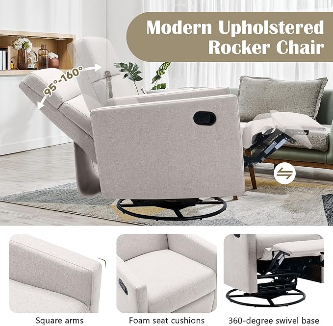 Merax Modern Modern Soft Linen Swivel Push Back Rocker Recliner w/Headsupport Adjustable Nursery Glider Chair for Living Room, Bedroom Tan