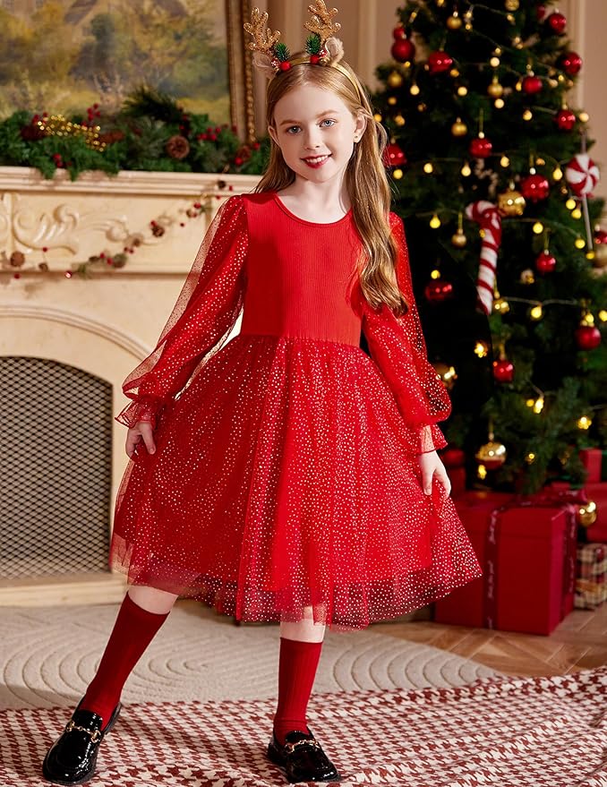 Arshiner Toddler Christmas Dress Girls Sequin Tulle Puff Long Sleeves Tutu Dress Princess Birthday Party Clothes 1-6T
