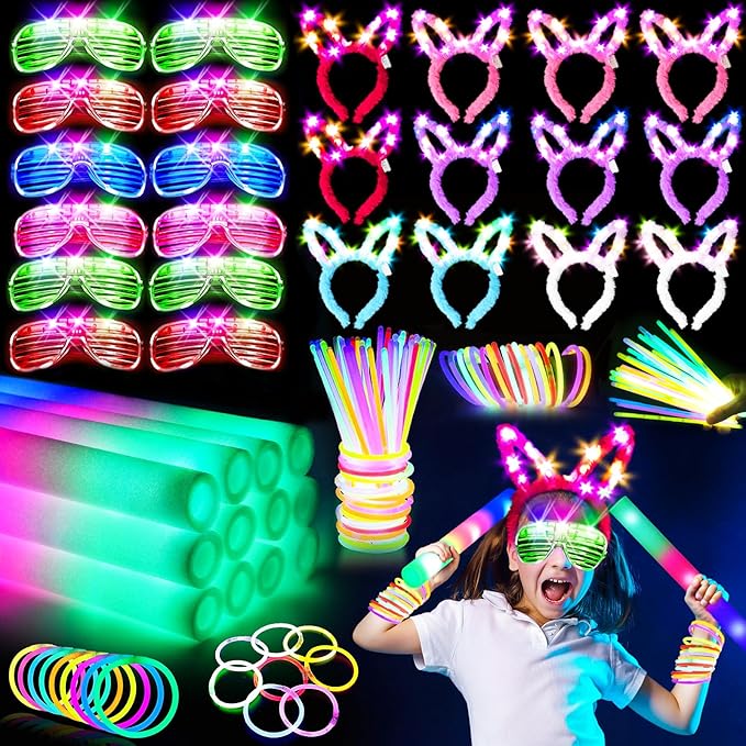 236 PCS Glow in the Dark Party Supplies, Girls Party Favors, 12 PCS Foam Glow Sticks, 12 PCS LED Glasses, 12 PCS Bunny Ear Headband, 100 PCS Glow Sticks and 100 PCS Connectors