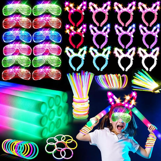 236 PCS Glow in the Dark Party Supplies, Girls Party Favors, 12 PCS Foam Glow Sticks, 12 PCS LED Glasses, 12 PCS Bunny Ear Headband, 100 PCS Glow Sticks and 100 PCS Connectors