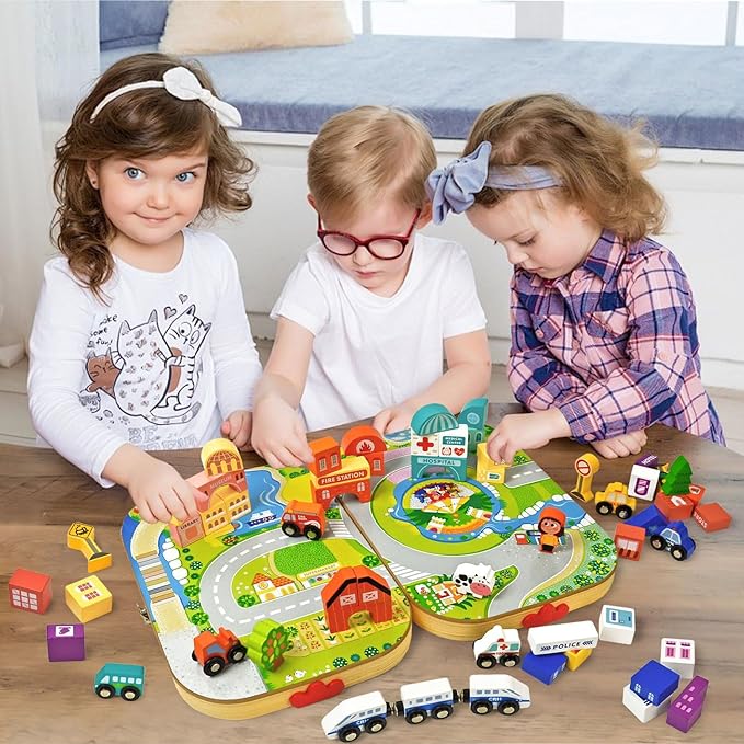 Vileafy Toys Building Blocks Set for Boys and Girls Gift, 56 Pcs Wooden City Stacking Block, Educational Toys for 3 4 5 6 Years Old Kids