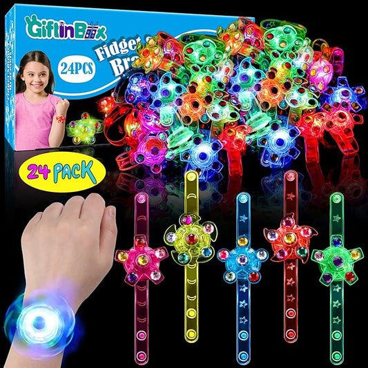 24 Pack LED Light Up Fidget Spinner Wristbands Easter Party Favors for Kids 4-8 8-12, Glow in The Dark Party Supplies, Back to School Gift for Students, Return Gifts for Kids Birthday Halloween