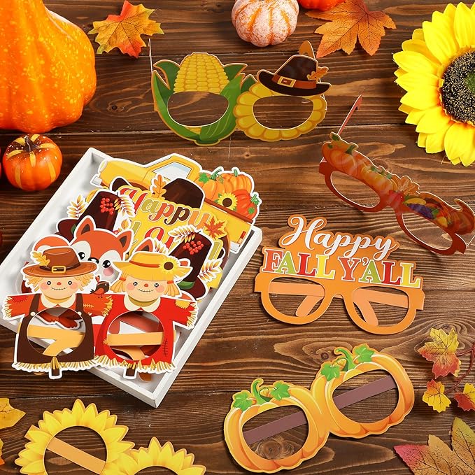 32 Pcs Fall Party Decoration Paper Eyeglasses Autumn Thanksgiving Costume Photo Booth Props Pumpkin Maple Leaf Fall Themed Supplies for Happy Fall Harvest Decorations Thanksgiving Party Favor