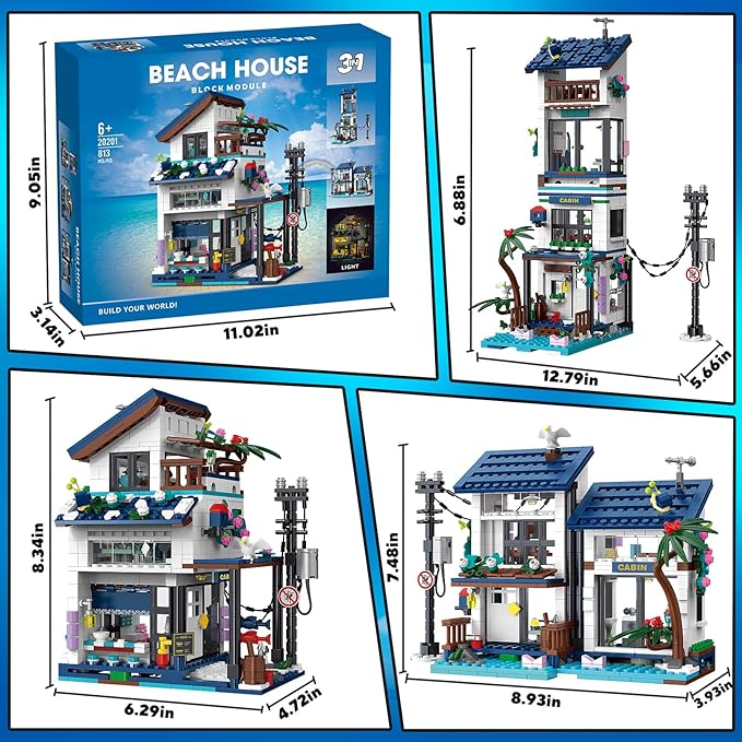 3 in 1 City House Building Sets,Compatible with Lego Creative Modern House with Light,Seaside Beach Villa Japanese Style Cottage Friends Vacation Hut Building Blocks Toys for Kids Ages 6+