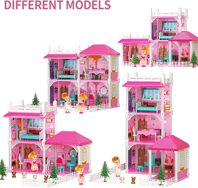 TEMI Villa Toys for 3-8 Years Old Girls - 2 Storeys 4 Rooms Indoor Playset with 2 Dolls, Furniture and Accessories, Pretend Girls Plays, Building Toys, Gifts for Kids 3-5