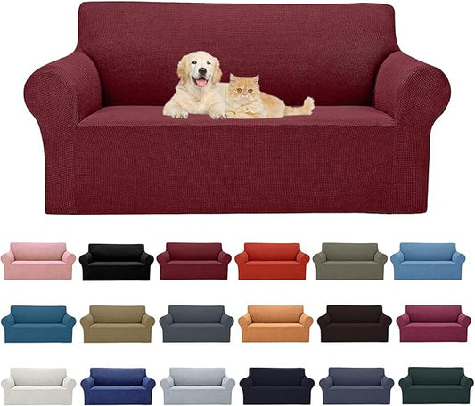 2025 New Stretch Loveseat Sofa Slipcovers Couch Cover for 2 Cushion Furniture Protector Sofa Covers with Elastic Bottom Jacquard Fabric Small Checks for Pets, Kids - Dark Red