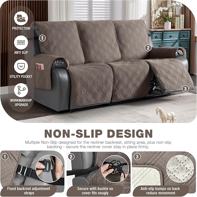 TAOCOCO 100% Waterproof Recliner Sofa Cover, Non Slip Split Couch Covers for Reclining Couches with Elastic Straps, Washable Reclining Sofa Cover Furniture Protector for Kids Pets(3 Seater, Taupe)