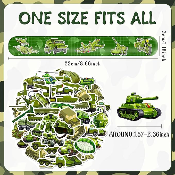 74 PCS Army Party Favors, 24 PCS Military Camo Slap Bracelets 50 PCS Army Stickers Army Birthday Party Decorations Supplies Gifts for Kids Classroom Rewards