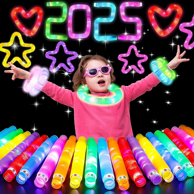 24 PCS Light Up Pop Tubes for Kids, 12 Colors Glow Sticks Bulk Party Pack, Glow Necklaces Bracelets for Toddlers, Party Supplies Party Favors,Valentine's Day Birthday Wedding Decorations