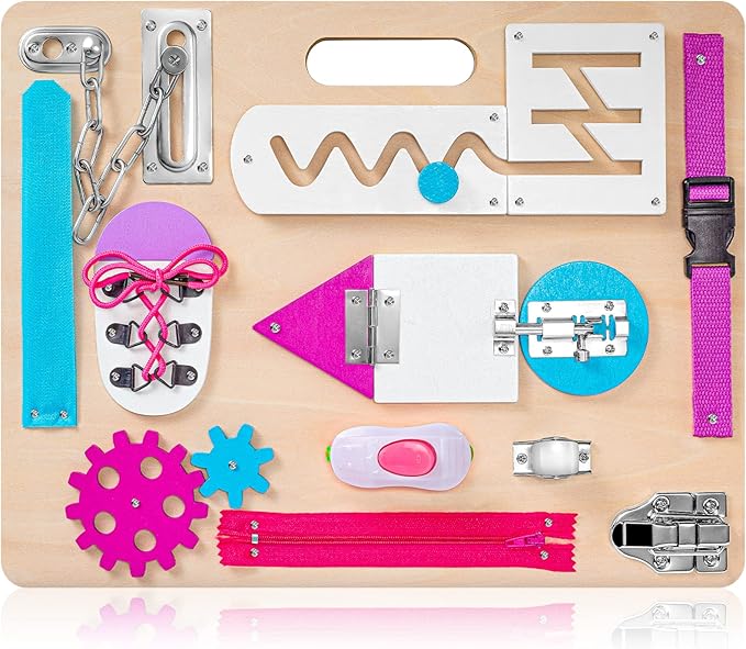 Toddler Montessori Busy Board with LED Light, Montessori Toys for Kids 1 2 3 Year Old, Baby Sensory Board with Light Switches, Preschool Learning Activity, Wooden Travel Toys, Christmas Birthday Gift