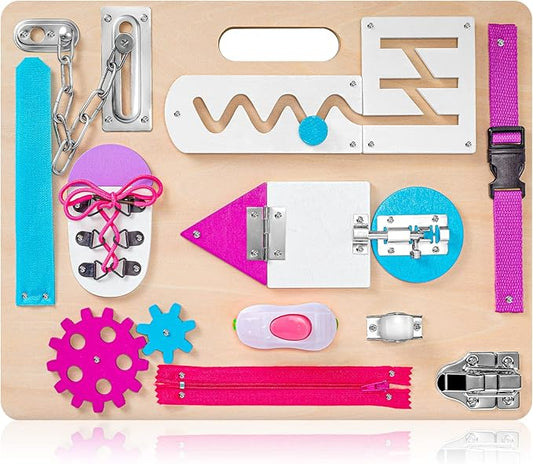 Toddler Montessori Busy Board with LED Light, Montessori Toys for Kids 1 2 3 Year Old, Baby Sensory Board with Light Switches, Preschool Learning Activity, Wooden Travel Toys, Christmas Birthday Gift