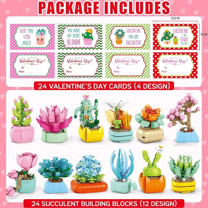 24 Pack Valentines Day Gifts for Kids 6-12, Succulents Flower Bouquets Building Blocks with Gift Cards for School Classroom, Boy Girl Class Valentine Party Favors Exchange Gift Goodie Bag Stuffers