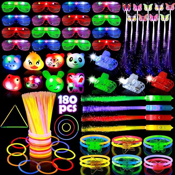 180PCS Light Up Toys Glow In The Dark Party Supplies for Adult Kids, Christmas Party Favors With LED Glasses, Hair Clips, Glow Sticks Bulk Party Pack DIY Glow Necklaces Bracelets Headband