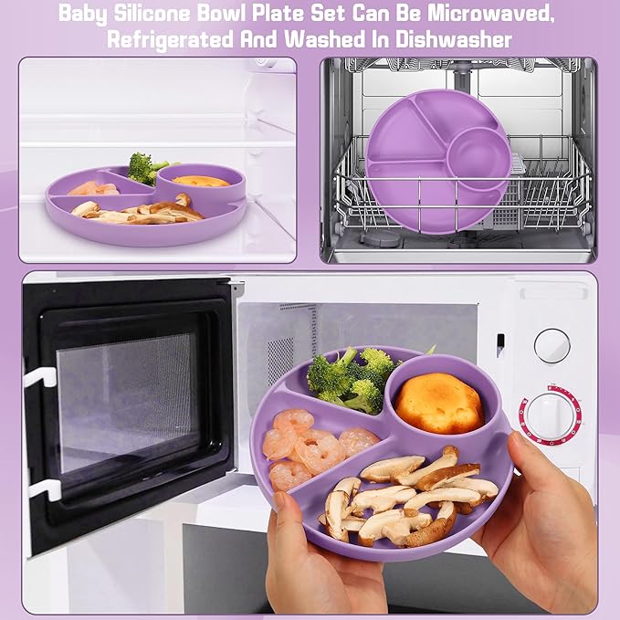 Silicone Baby Feeding Set, Baby Led Weaning Supplies, Silicone Suction Plate, Bowl, Spoons, Fork, Waterproof Bib, Cup and Food Tableware, Eating Utensils Baby Feeding Essentials for 3+ Months