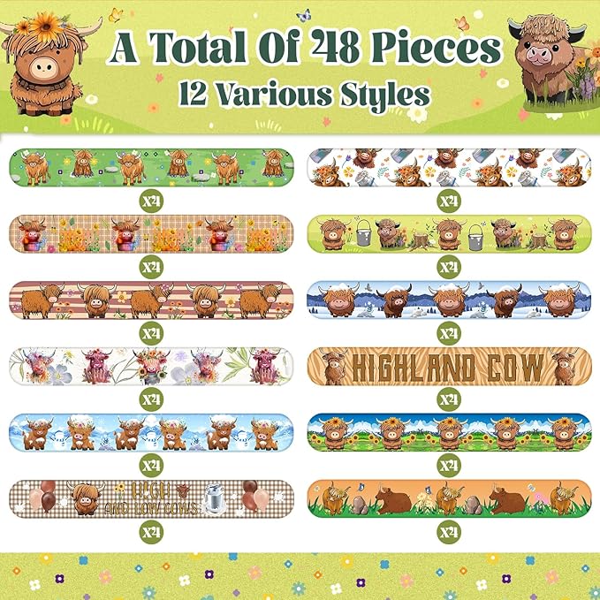 48 PCS Highland Cow Slap Bracelets Highland Cow Party Favors Cartoon Animals Party Wristbands for Kids Boys Girls Cow Baby Shower Party Supplies Birthday Party Carnival Prizes Gifts Classroom Rewards
