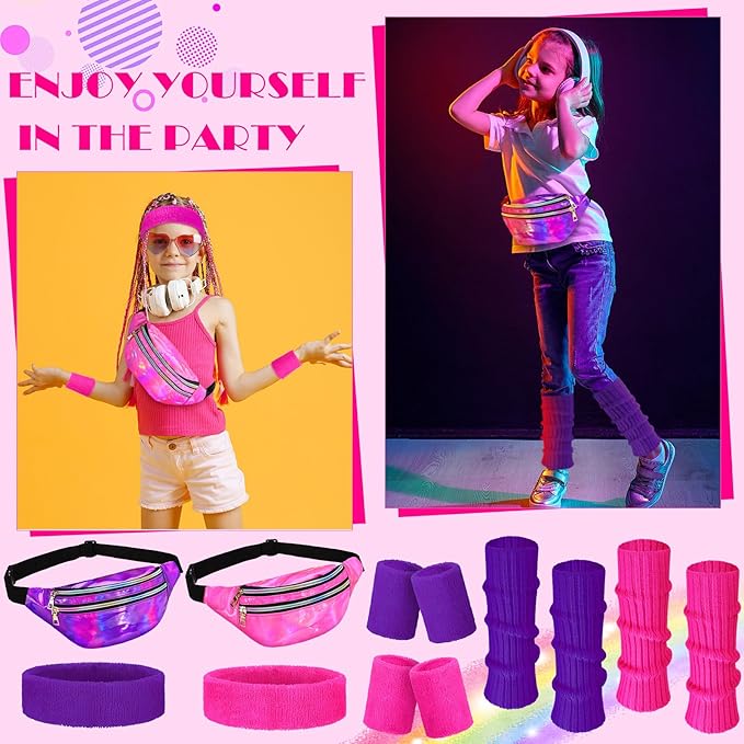 Giegxin 2 Set 80s Leg Warmers Set for Girls Kids Neon Ribbed Knit Leg Warmers Fitness Headband Wristbands for Cosplay Party
