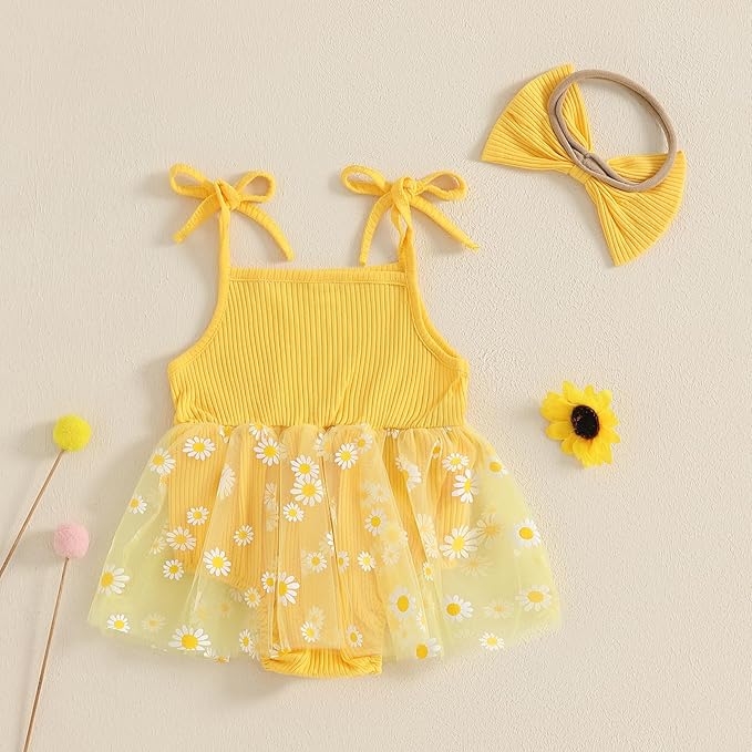 Baby Girl Clothes Daisy Ribbed Bodysuit Sleeveless Romper Dress Summer Outfit for Girls Newborn 3 6 9 12 18 Months