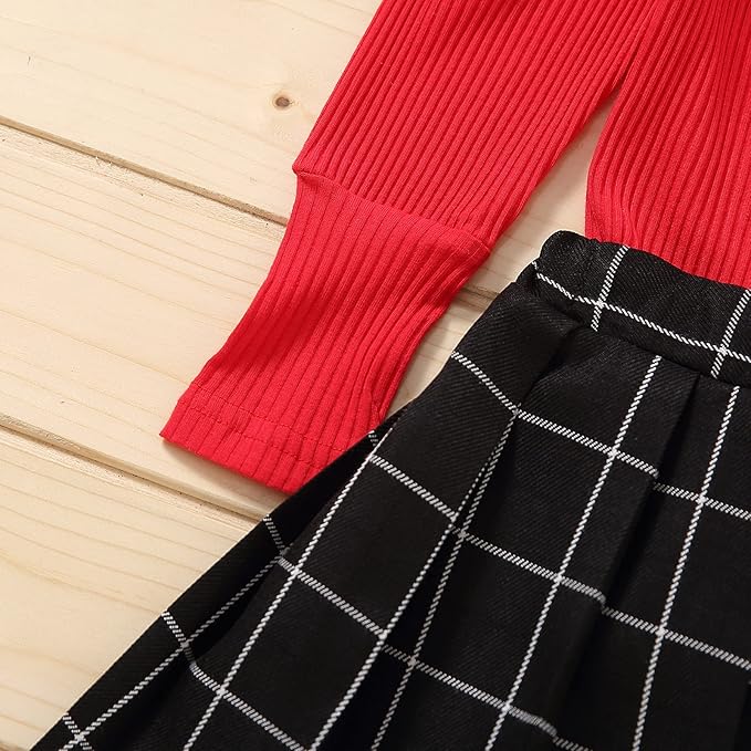 Fernvia Toddler Baby Girl Fall Winter Skirt Set Turtleneck Ribbed Long Sleeve T-Shirt Top & Plaid Skirts Dress 2Pcs Outfits