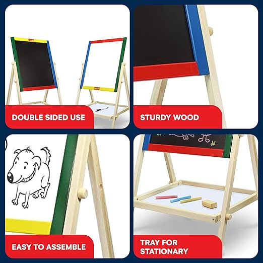 Kidzlane Art Easel for Kids 2-4 - Wooden Toddler Easel - Double Sided Standing Chalkboard/Dry Erase Board for Kids - Toddler Drawing Board with Accessories - 25.75 Inches Blackboard and Whiteboard