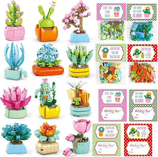 24 Pack Valentines Day Gifts for Kids 6-12, Succulents Flower Bouquets Building Blocks with Gift Cards for School Classroom, Boy Girl Class Valentine Party Favors Exchange Gift Goodie Bag Stuffers