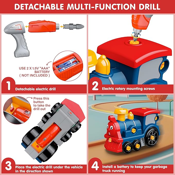 Toddler Take Apart Toy Set with Electric Drill, DIY Electric Train Assembly, STEM Building Learning Toys, Xmas Gifts for 3-8 Year Old Boys & Girls