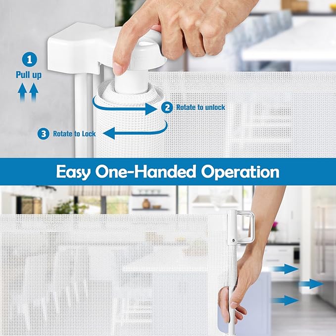 90 Inch Retractable Baby Gates Extra Wide Dog Gates for Dogs Indoor Outdoor Extra Long Baby Gates for Large Openings Large Baby Gate Mesh Dog Gates for The House Extra Wide Baby Gate Deck Gate, White