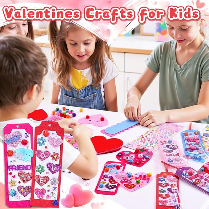 36 Sets Valentines Day Crafts for Kids, DIY Felt Valentine Bookmarks Kits with Googly Eyes Pom-poms Hearts Stickers, Valentines Craft Supplies for Kids Classroom Activity Party Favor Gift Exchange