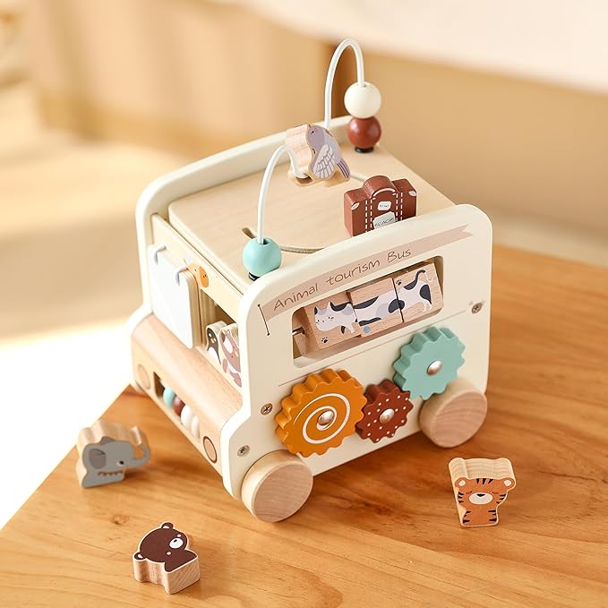 Wooden Activity Cube 8-in-1 Montessori Toys | Multifunctional Early Educational Learning Toys | Activity Cube for Baby Shape Sorter Xylophone Animal Travel Bus Toys Boy Girl Birthday Gift（Beige Bus）