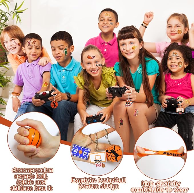 60PCS Basketball Party Favors, Basketball Goodie Bags for Boys Includes 12PCS Basketball Drawstring Bags Bracelet Keychain Tattoo Stickers Mini Basketball for Basketball Birthday Party Supplies