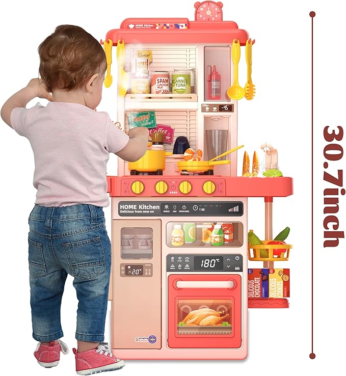 Kids Kitchen Play Set，Interactive Kids Kitchen Play Set with 50Pcs of Pretend Kitchen Toys，Realistic Sound Effects，and Simulated Functionality - Suitable for Toddlers Aged 2-12 Years(Pink)