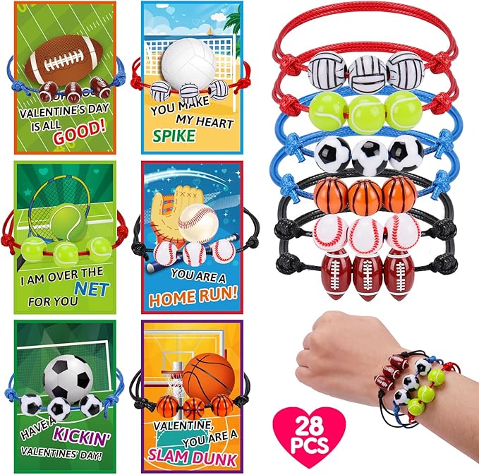 28 PCS Valentines Day Cards for Kids Adjustable Ball Charm Bracelets Toys Sports Valentines Party Favor Preschool Boys Ages 3-8 Classroom Exchange Valentine Day Gifts Football Basketball Bulk Prizes