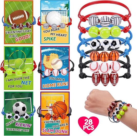 28 PCS Valentines Day Cards for Kids Adjustable Ball Charm Bracelets Toys Sports Valentines Party Favor Preschool Boys Ages 3-8 Classroom Exchange Valentine Day Gifts Football Basketball Bulk Prizes