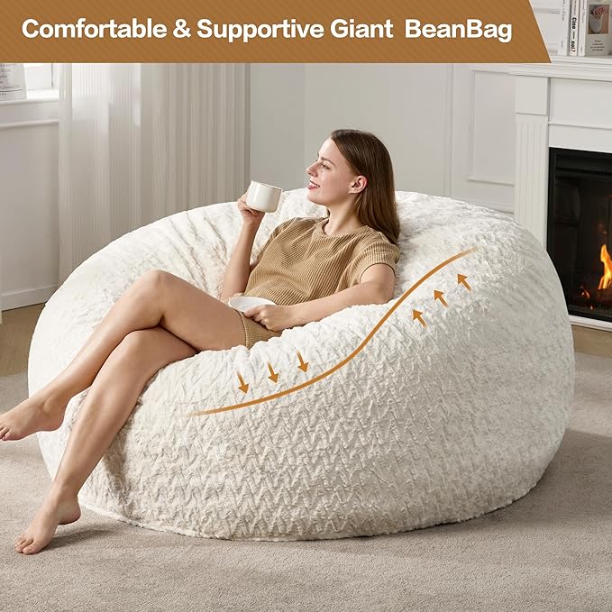 5ft Bean Bag Chairs for Adults Large Beanbag Chair with Chevron Plush Fur Cover Big Bean Bag Chair for Living Room Bedroom Dorm Office - White (50” x 50” x 24”)