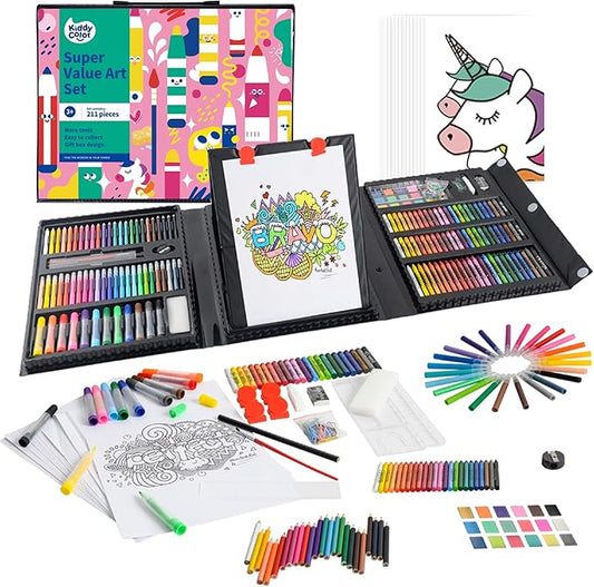 KIDDYCOLOR 211pcs Kids Art Supplies, Portable Painting & Drawing Art Kit for Kids with Oil Pastels, Crayons, Colored Pencils, Markers, Double Sided Trifold Easel Art Set for Girls Boys Teens 3-12