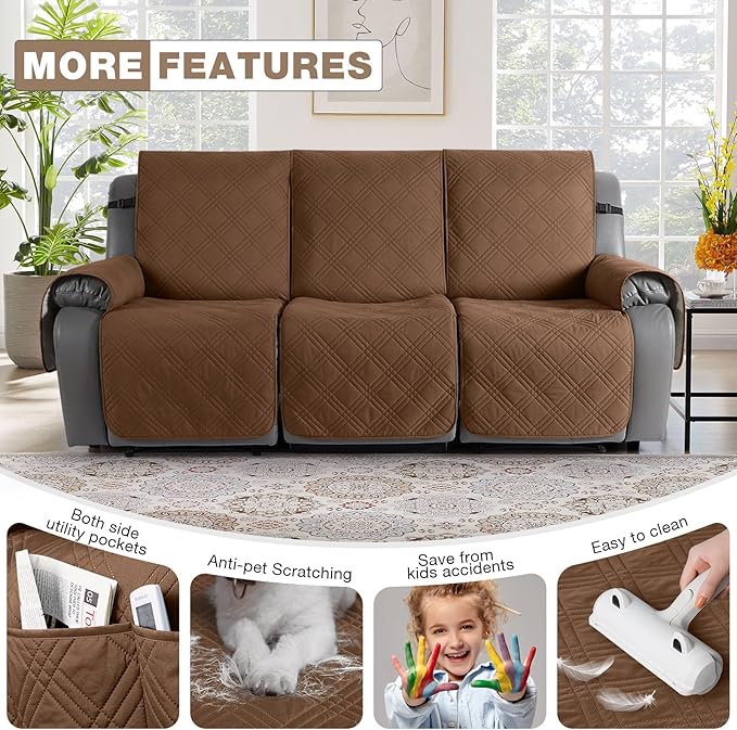 TAOCOCO 100% Waterproof Recliner Sofa Covers 3 Seater Split Couch Covers for 3 Cushion Reclining Couch with Straps, Non Slip Reclining Sofa Covers Furniture Protector for Kids Pets(3 Seater, Brown)