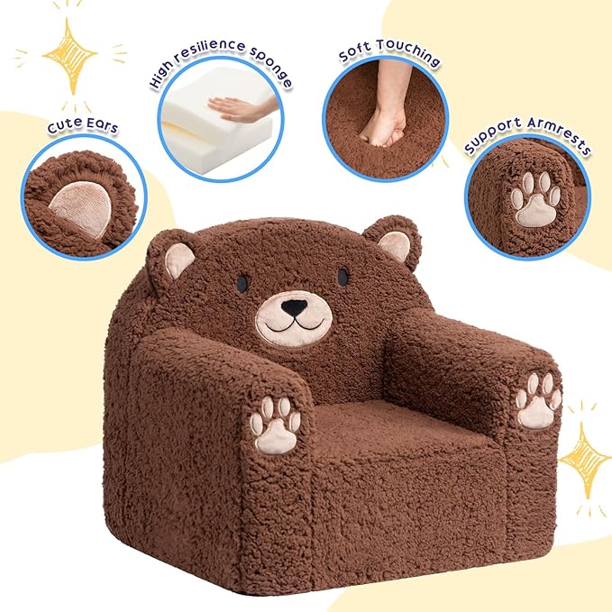 ALIMORDEN Toddler Couch Ultra-Soft Snuggle Chair, Comfy Sherpa Foam Filled Lovely Bear Sofa, Kids Cozy Corner Play Couch for Boys and Girls, Brown
