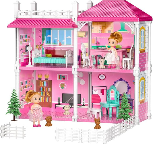 TEMI Villa Toys for 3 4 5 6 7 8 Years Old Girls - 2 Storeys 4 Rooms, Indoor Playset with 2 Dolls Toy Figures, Toys Furniture and Accessories, Pretend Girls Plays, Building Toys, Gifts Toy