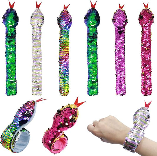 6 Pieces Slap Bracelet Snake Snap Bracelet Sequin Wristband for Kids Birthday Party Favors Supplies Halloween Stuff Gifts