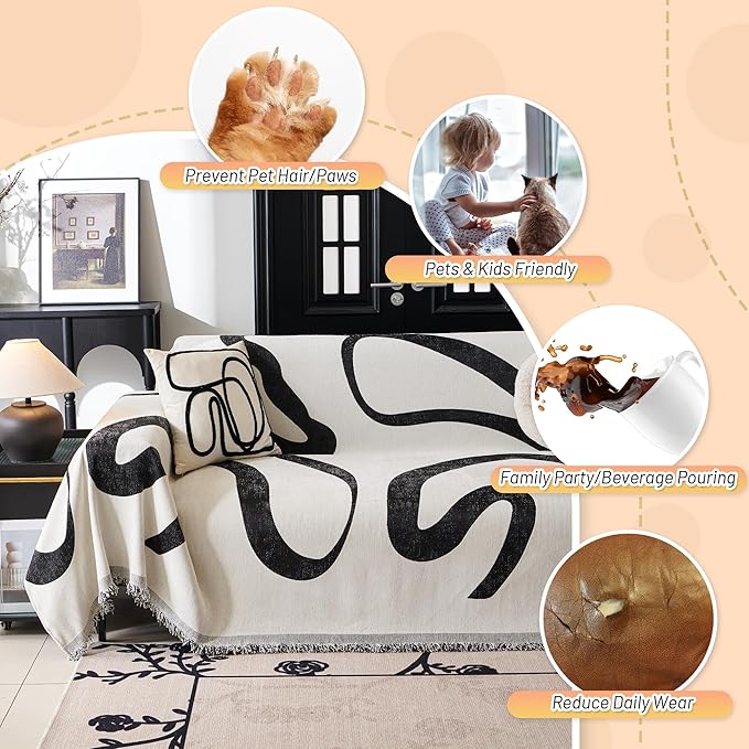 MYSKY HOME Couch Cover for 3 Cushion Couch Sofa Cover, Super Soft Boho Couch Covers for Dogs Washable, Jacquard Sofa Slipcover Furniture Protector for Living Room, 91" x 134", Black Curve