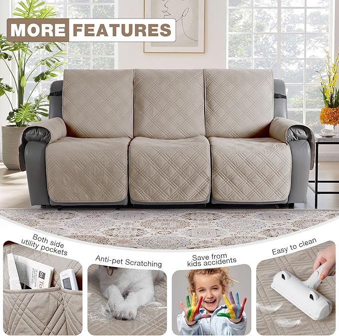 TAOCOCO 100% Waterproof Recliner Sofa Covers 3 Seater, Split Couch Covers for Reclining Couches for Kids Pets, Non Slip Reclining Couch Covers Furniture Protector with Straps(3 Seater, Cream)