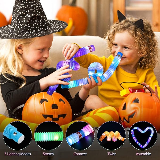 66Pcs Halloween Party Favors for Kids, Light Up Rings Spin Necklaces Halloween Goodie Bag Fillers Treats Prizes Glow in The Dark Halloween Toys Bulk Carnival Classroom Favors Trick or Treat Toys