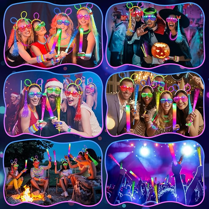 298PCS Glow in the Dark Party Supplies, 12PCS Glow Fiber Optic Wands, 20PCS LED Glasses, 8PCS Foam Glow Sticks and 200PCS Glow Sticks Bracelets, Light Up Party Favors for Wedding, Concert, Birthday