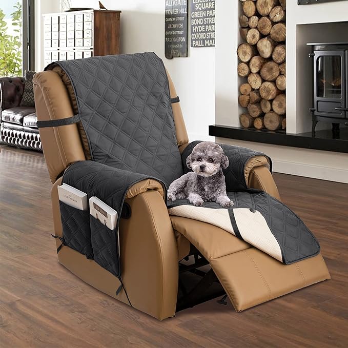 TOMORO Non-Slip Oversized Recliner Cover, 100% Waterproof Quilted Recliner Chair Slipcover Furniture Protector with Pockets, Washable Couch Cover with Elastic Straps for Kids and Pets