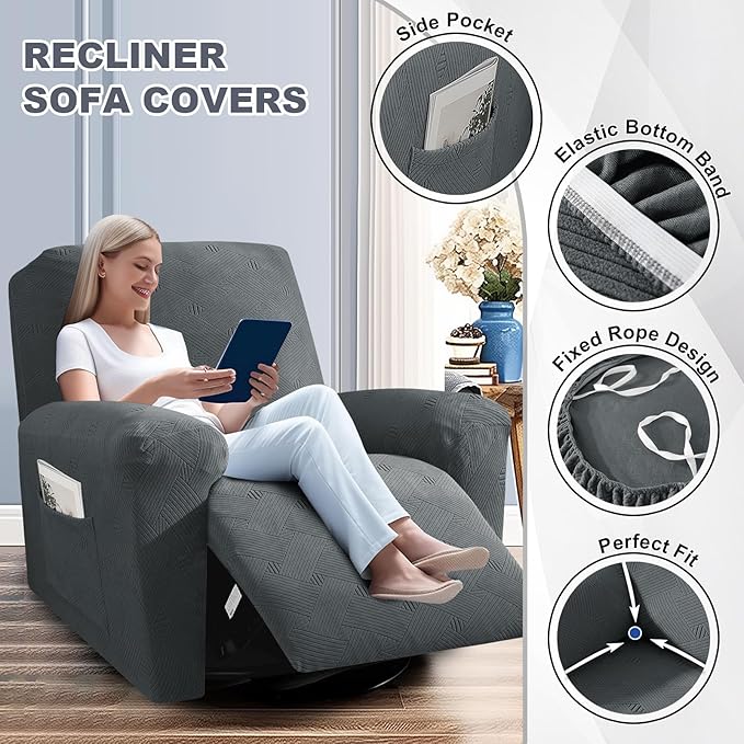 JIVINER Recliner Chair Covers 3 Pieces Lazy Boy Covers for Recliner with Pockets, Washable Reclining Slip Cover Stay in Place Stretch Sofa Furniture Protector for Kids, Pets (Recliner, Dark Gray)
